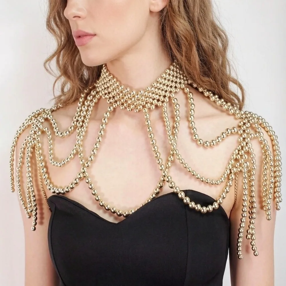 Handmade Beaded Pearl Shoulder Chain Hollow Tassel Imitation Pearl Pearl Shawl Two Sides Tassel Fringe Draped Chain