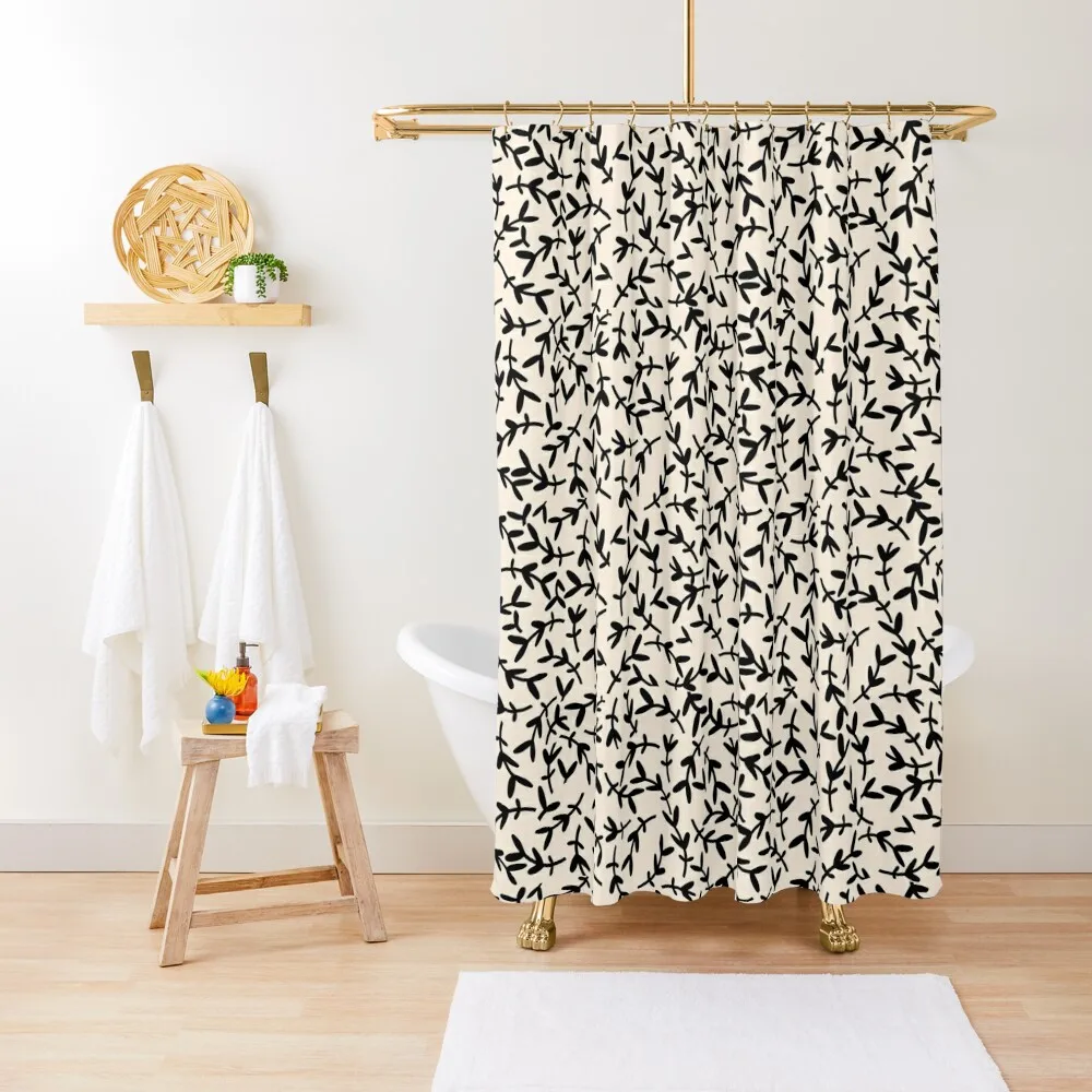 

Hand-Drawn Botanical Pattern in Black on Almond Cream Shower Curtain Waterproof Fabric Bathroom Bathtub Curtain