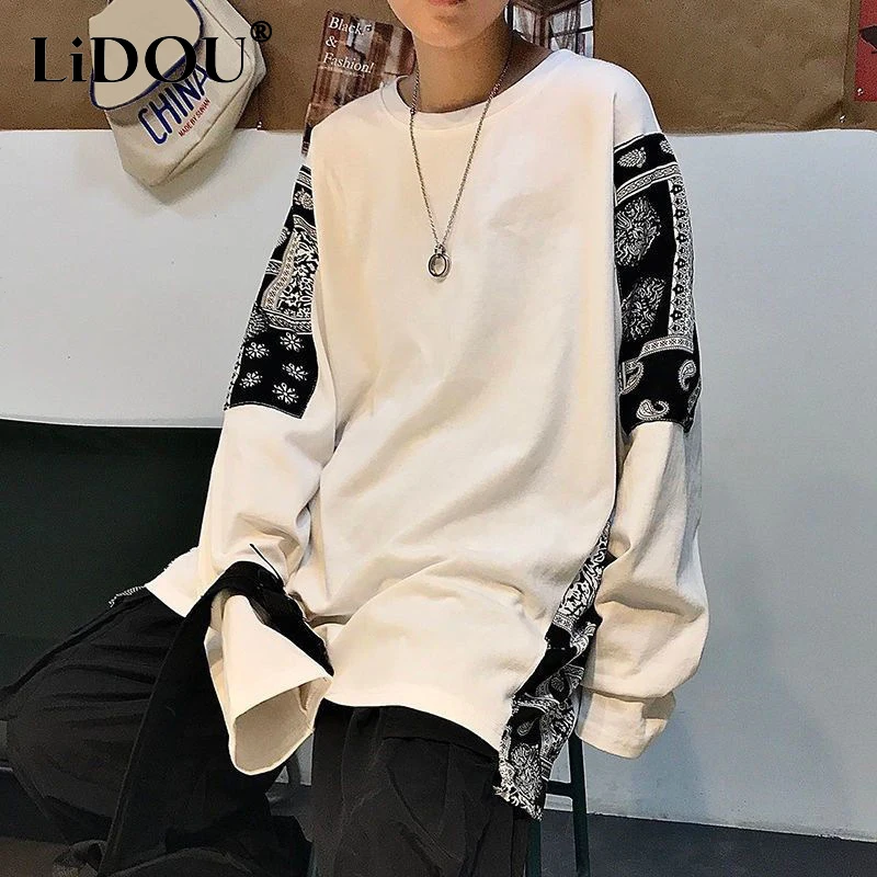 Autumn Winter Korean Vintage Print Casual T-shirt Man Camisetas Ropa Hombre Hip Hop Long Sleeve Oversized Streetwear Loose Tops