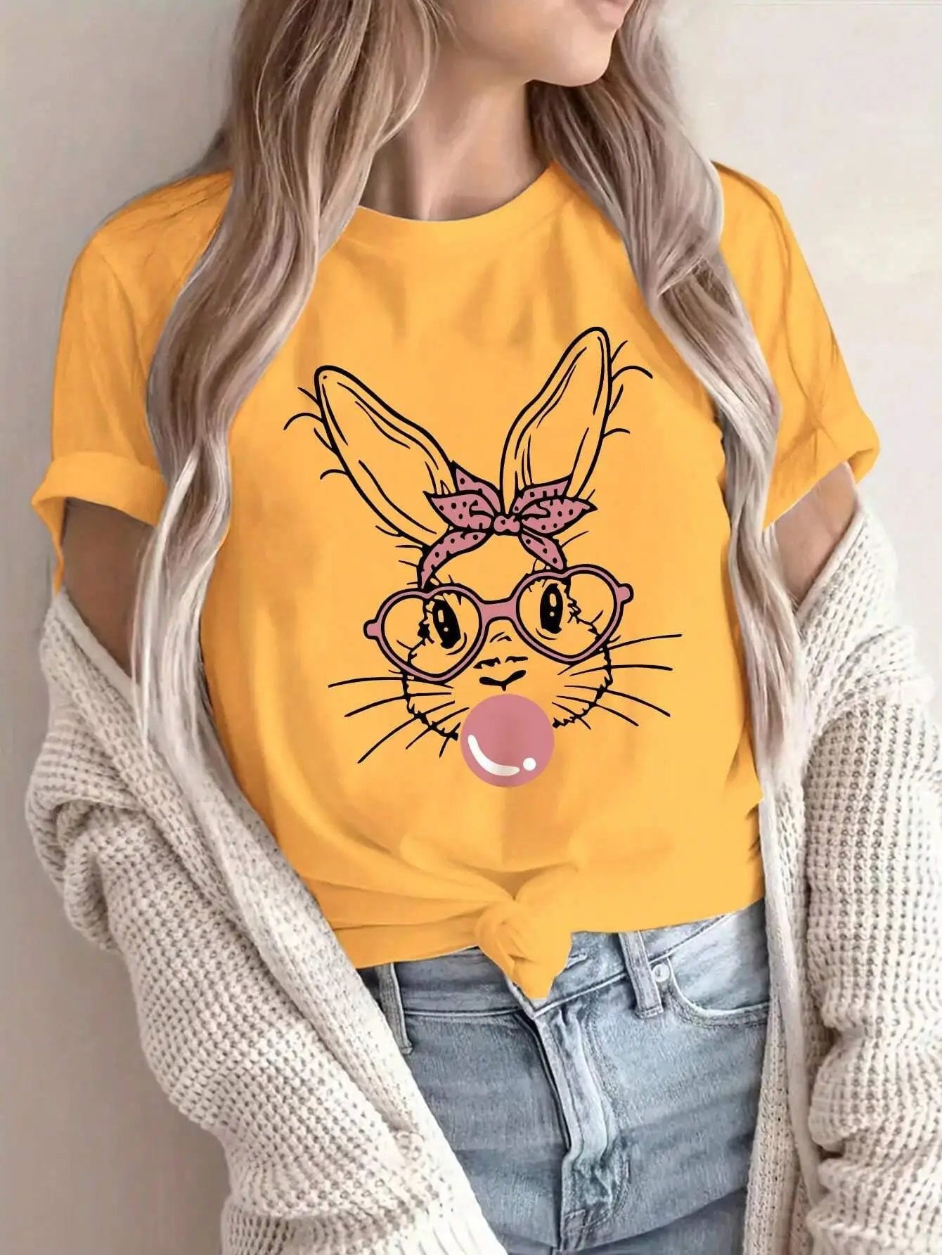 Fashion Pink Rabbit Blowing Bubble Women T Shirt Cotton Casual Short Sleeve Oversized Soft Top Street Oversize Tshirt Female