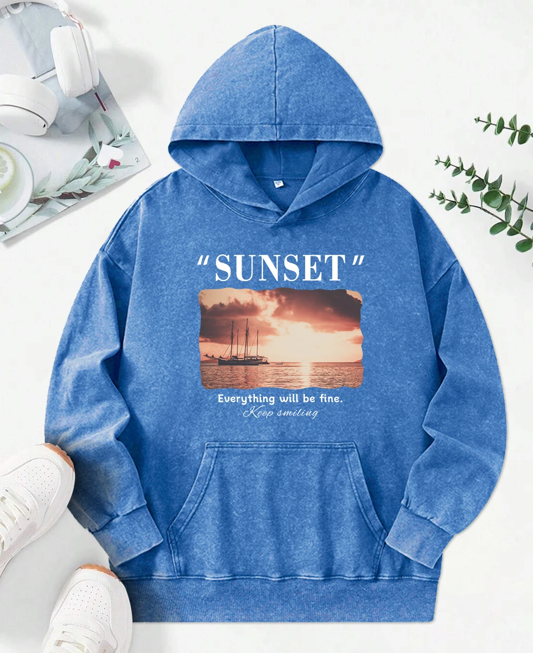 Beautiful Seaside Scenery Printing Women Washed Hoodie Hip Hop Oversized Streetwear Comfortable Soft Hoody Cotton Streetwear