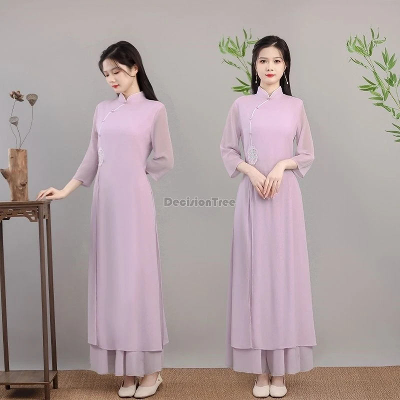 2024 chinese style zen tea garment vintage daily improved vietnam aodai qipao dress leisure fairy gentle chiffon cheongsam set