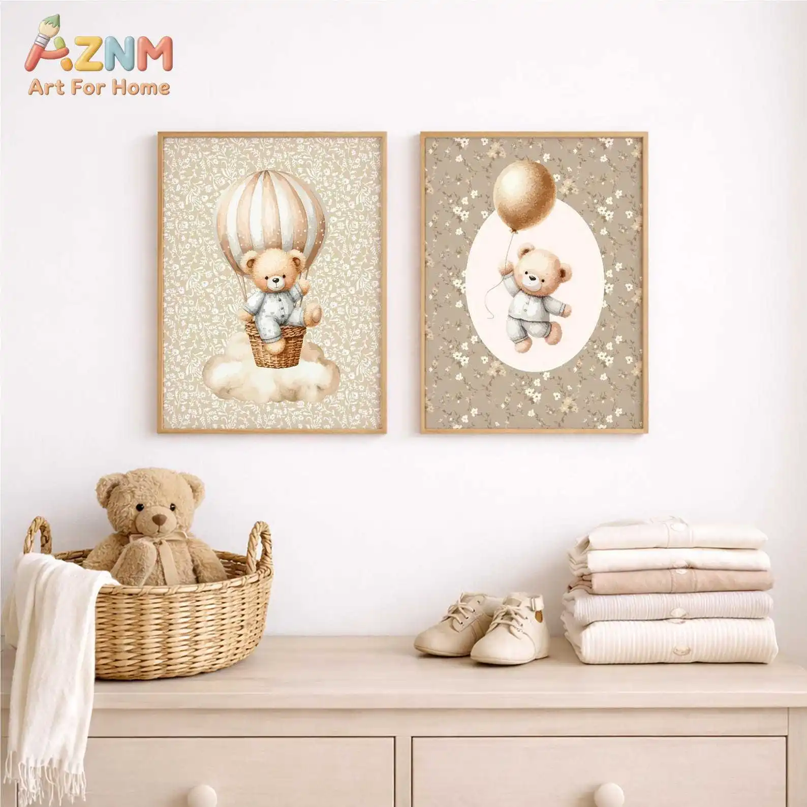 2Pcs Vintage Floral Teddy Bear Canvas Prints, Hot Air Balloon Balloon Neutral Nursery Wall Art, Unframed Decor Posters