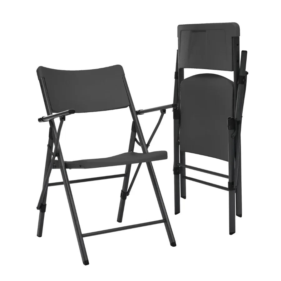 2-pack of black commercial plastic folding chairs with armrests for indoor and outdoor use, lightweight design, easy to clean