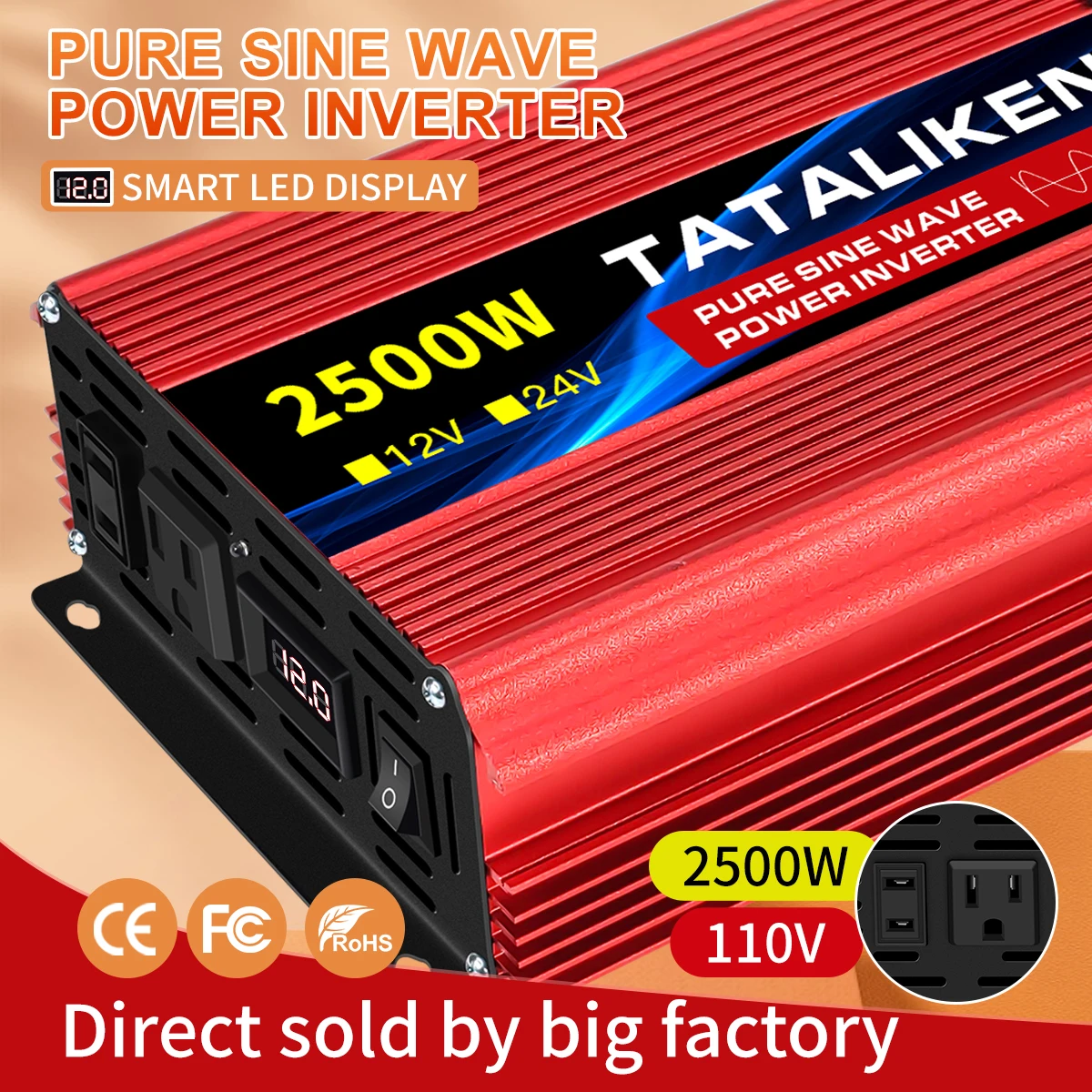 

DC 12V/24V to AC 110V Pure Sine Wave Inverter screen 4500w suitable for Car solar High Energy Converter Automobile with LED 60HZ