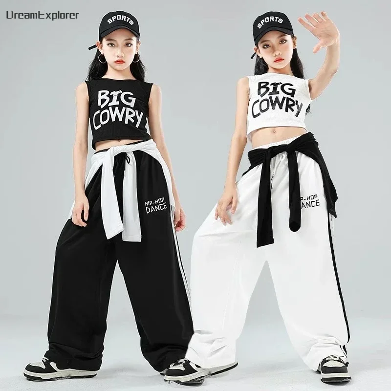 Hip Hop Girls Crop Top Cardigan Street Dance Letter Joggers Pants Kids Streetwear Loose Sweatpants Child Jazz K-pop Clothes Sets