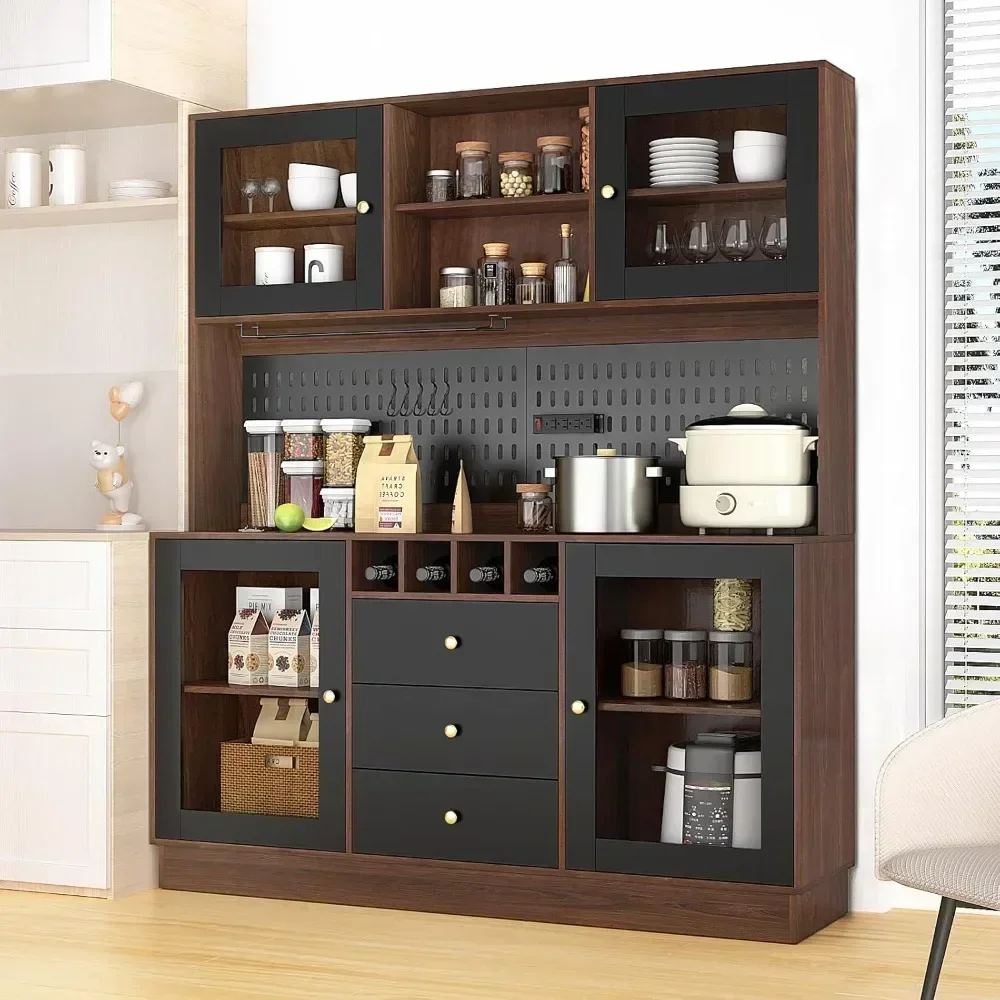 

Freestanding Buffet Hutch with Pegboard, Cup Holder, Power Outlet,4 Doors & 3 Drawers,Cupboard with Microwave Shelf & Wine Racks