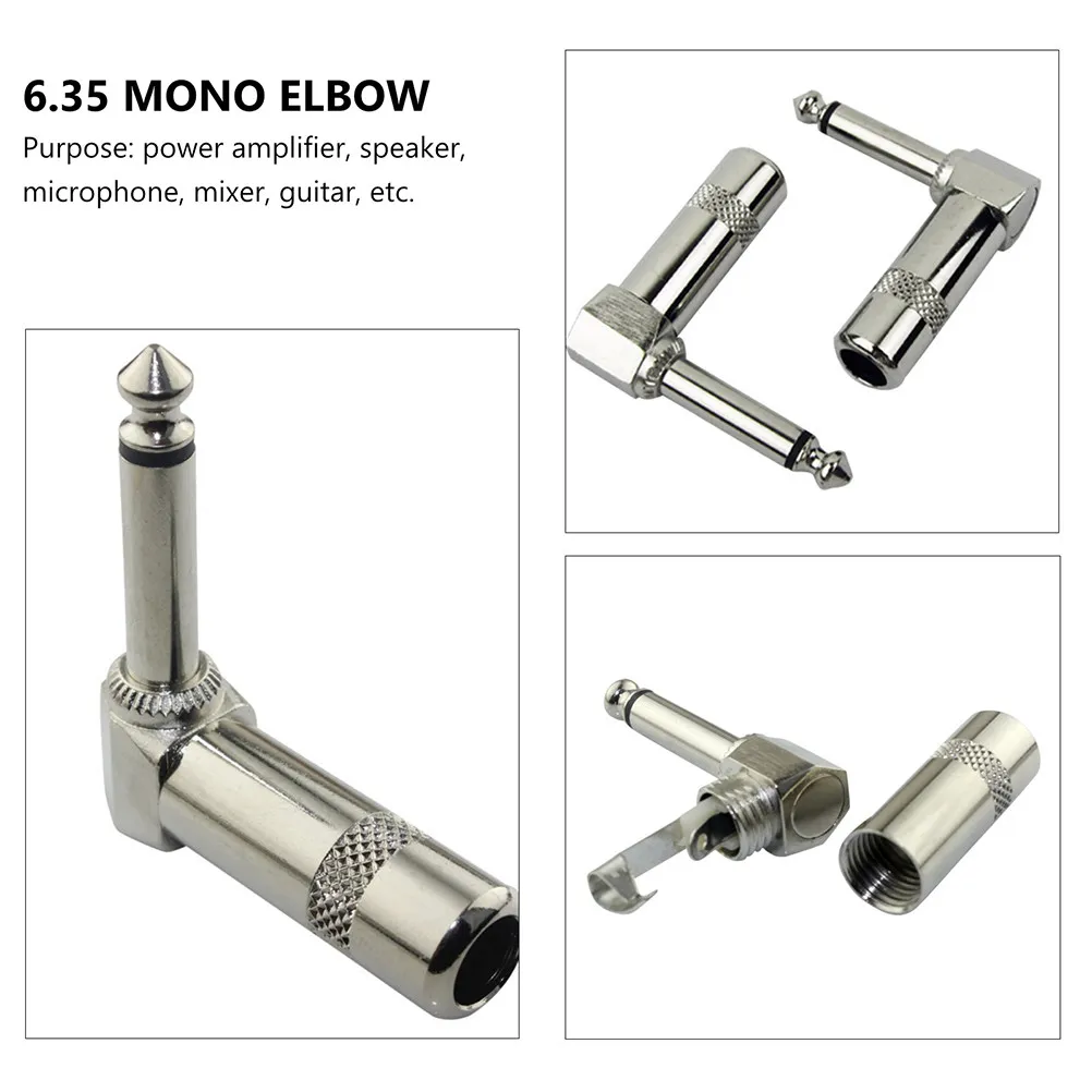 2Pcs 6.35 Mono Metal Elbow Plug Electric Guitar Connecting Wire Plug Nickel Plated Multi Purpose Stable Performance