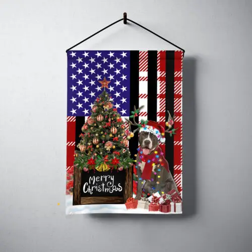 Pitbull Dog Merry Christmas Flag, Pitbull Dog Christmas Tree Xmas Lights Flag