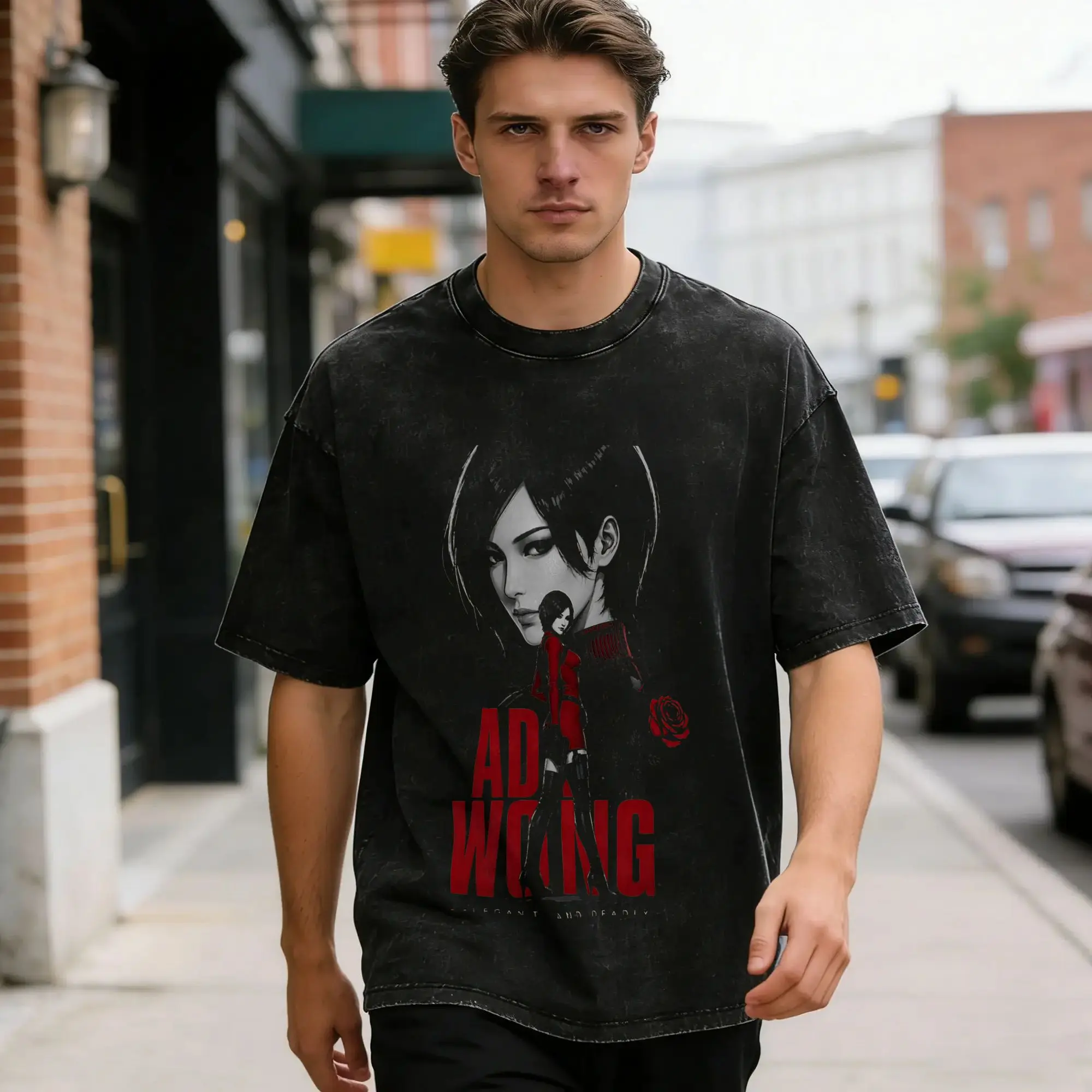 Ada Wong Red Dress Men's T Shirt Washed Residents Evil Amazing Tees Short Sleeve Round Collar T-Shirts Cotton Original Clothes