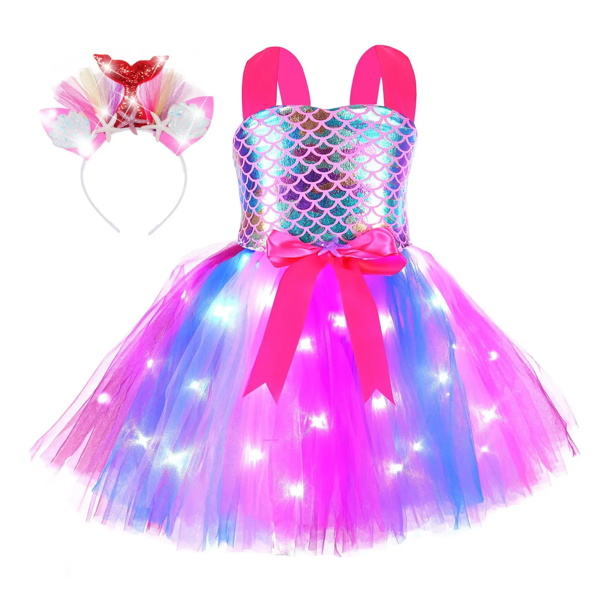 Little Mermaid Princess Dresses with LED Kids Tutu Dress for Mermaid Birthday Party Costumes Halloween Clothes Set for Children