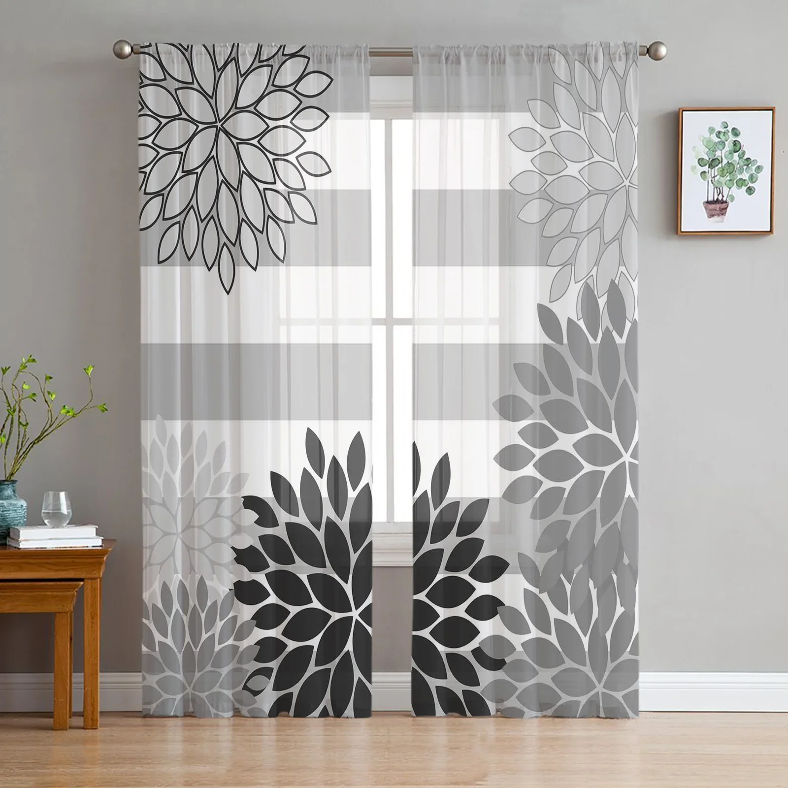 Flower Abstract Dahlia Black And White Grey Stripes Living Room Tulle Curtains Bedroom Voile Curtains Modern Sheer Curtains