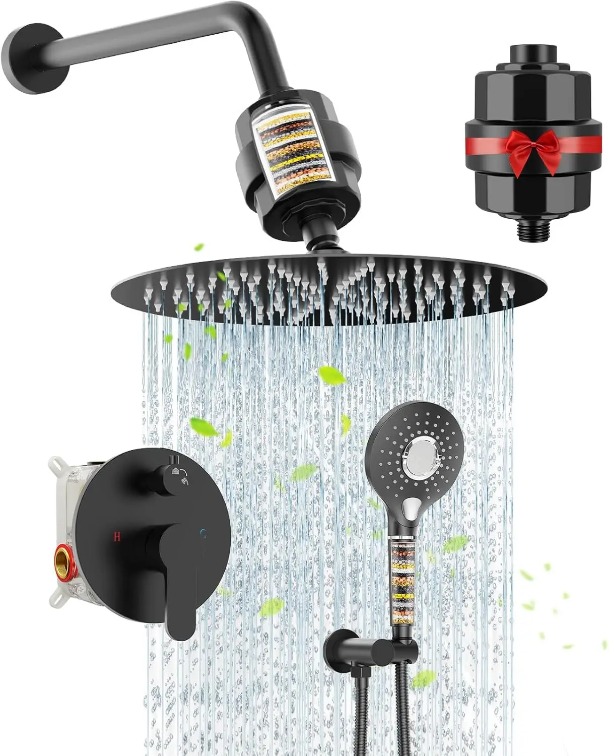 Shower System - 12 Inch Dual Filtered Rainfall Shower Head Combo - High Pressure 3 Spray Mode Showerhead- Matte Black