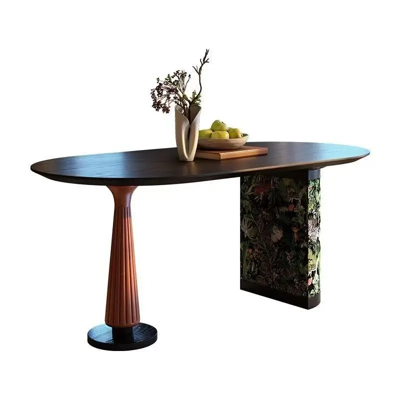 Solid wood dining table French pewter retro high-end small apartment combination rectangular household dining table antique oval