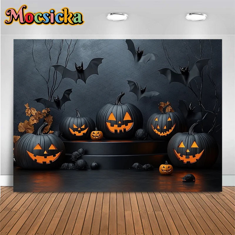 Halloween Pumpkin Backdrop Photography Black Wall Bat Party Baby Shower Autumn Photo Background Shooting Props Decoration Studio