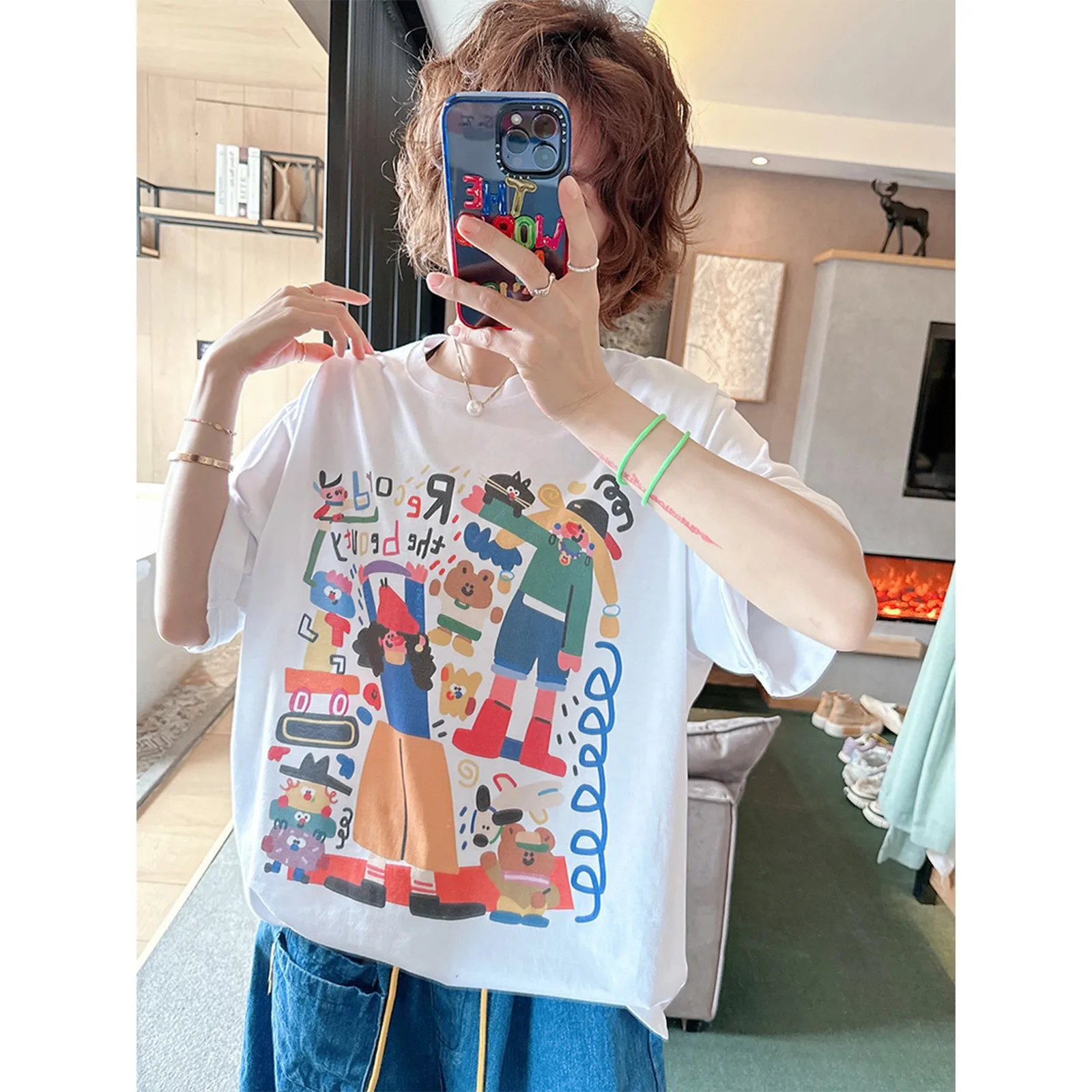 Spring Summer New 2025 Women's ort Sve T-irt Loose Fit Cartoon Print Casual Inner Wear Top Trendy Cotton Comfortable