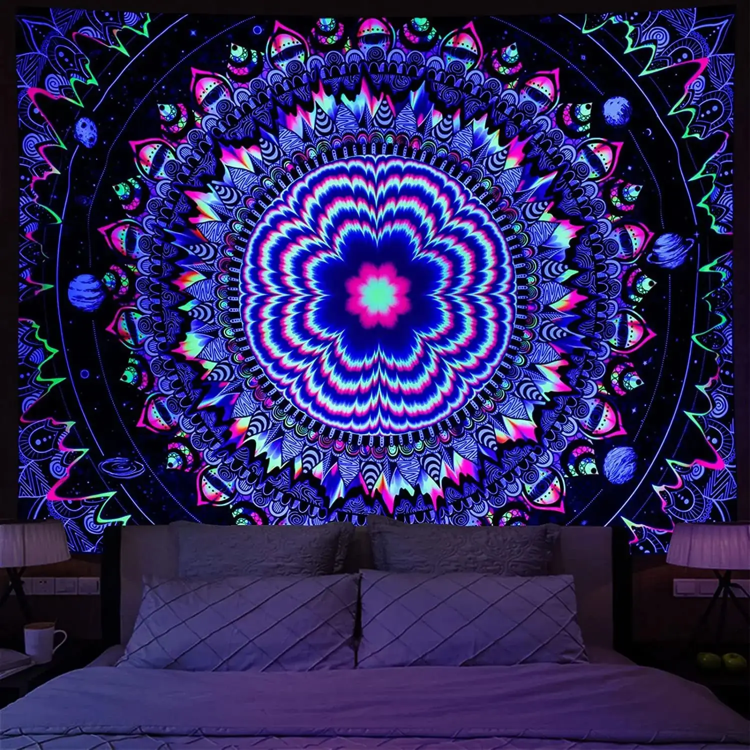 VIKAMA UV Reactive Mandala Tapestry Psychedelic Fluorescent Wall Hanging Black Light Hippie Decor