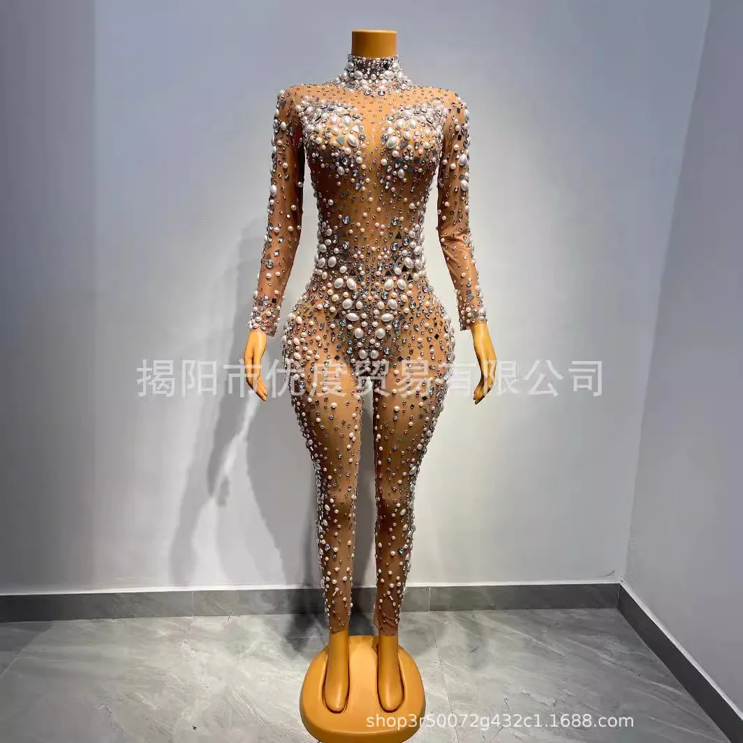 

Luxury Rhinestone Sexy Slim Fit Perspective Mesh Birthday Dress Party Pebble Jumpsuit Abiti Da Cerimonia Vestidos Fiesta De Lujo