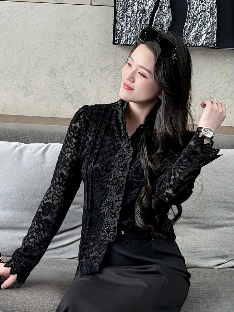 

Ele Bla Rose Lace irt Women's Slim Fit Stand Collar Base irt Luxury Sensation Spring New Sle Breathable Polyester