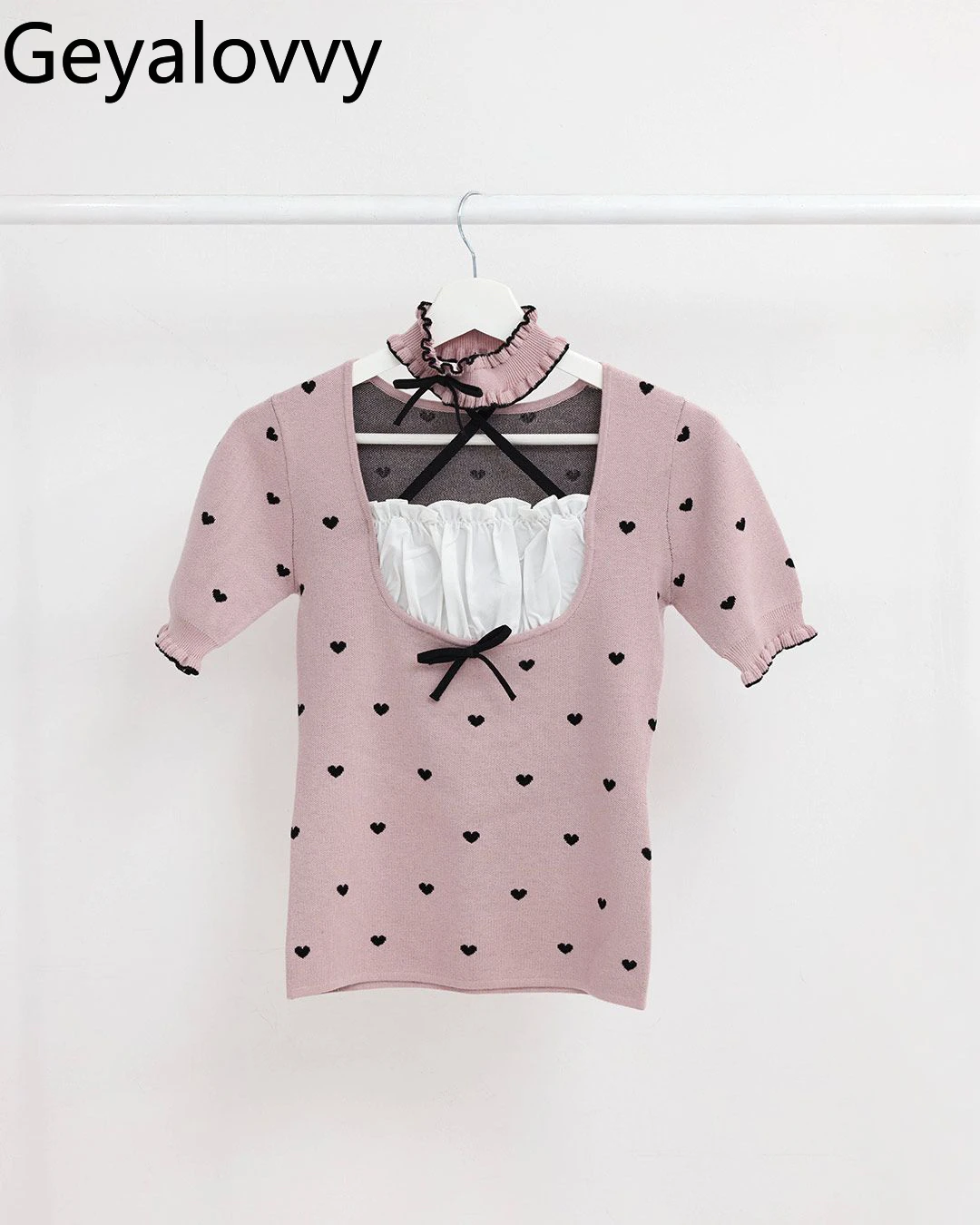 T-shirt per ragazza in stile giapponese Love Polka Dot Top lavorato a maglia con fiocco Top a maniche corte per donna 2025 Nuove magliette casual dolci e versatili