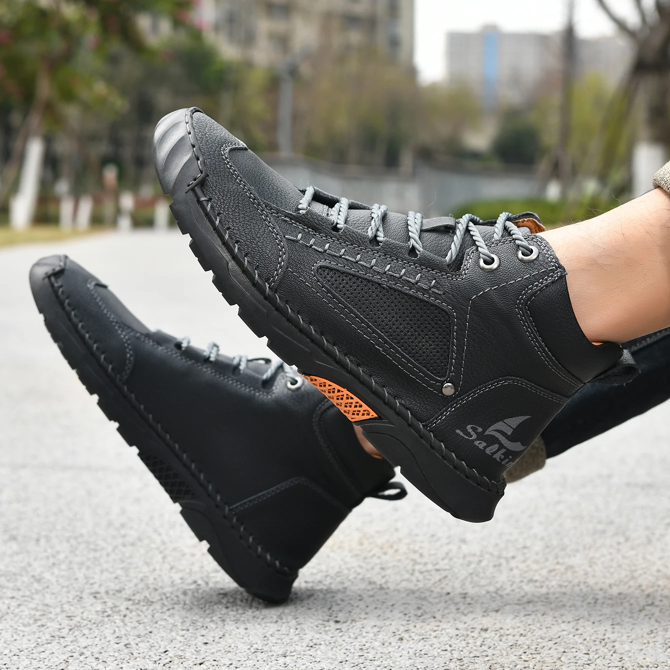 جديد خياطة يدوية أحذية من الجلد غير رسمية الرجال الأحذية في الهواء الطلق الخريف الرجعية حذاء كاجوال بفتحات تهوية الدانتيل يصل الكاكي حذاء من الجلد الشتاء