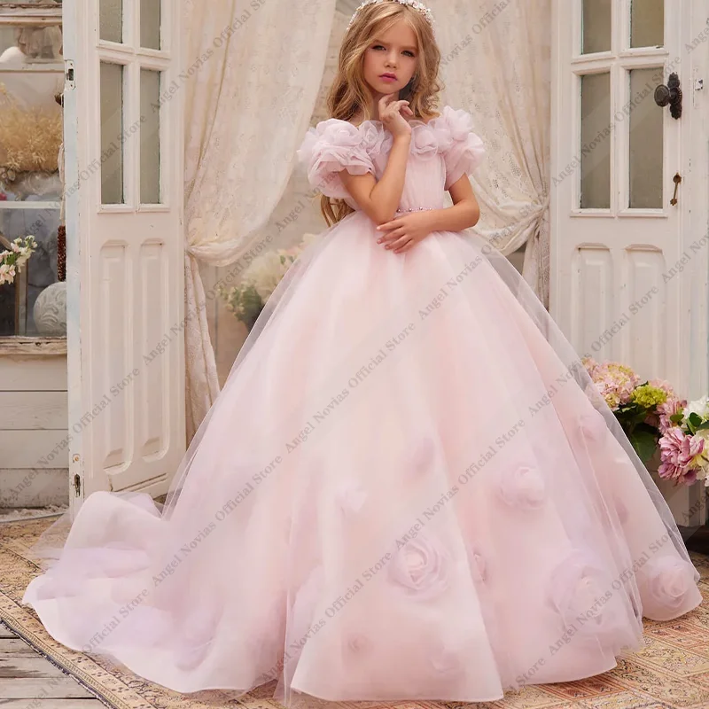 

Angel Novias Long Ball Gown Tulle Pink Princess Flower Girl Dress 3d Flowers Birthday Wedding Party Dress vestidos para ninas