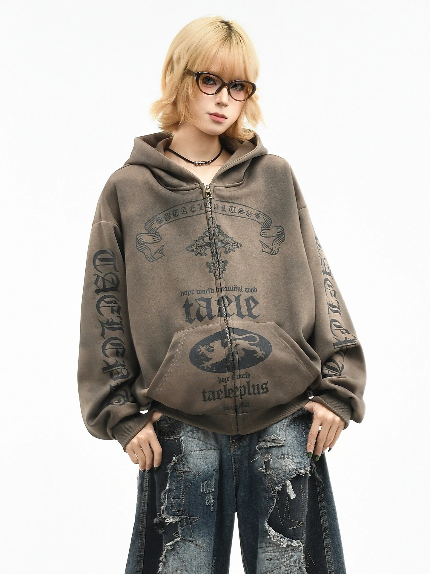 

OV Original American Style Worn-In Hoodie Sweatshirt Women's Loose Cross Print Floral Open Cardigan Jacket Men's Cotton Fabric