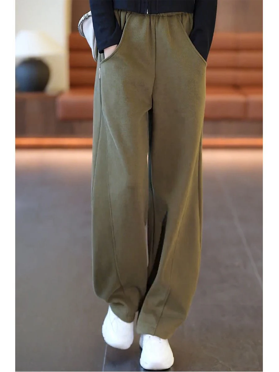 Olive Green High Waist Wide Leg Casual Women's Pants Straight Cut Sweatpants Loose Fitting Comfortable Banana Trousers