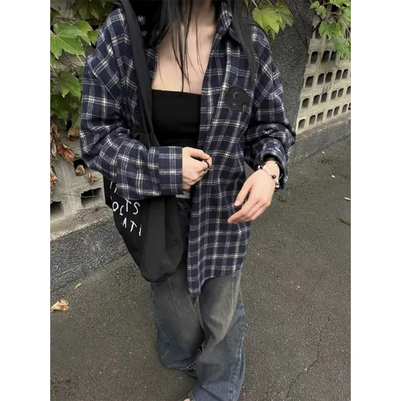 QWEEK Vintage Oversized Plaid Shirt Woman Streetwear Casual Long Sleeve Blouse Korean Style Youthful Harajuku Autumn Clothes