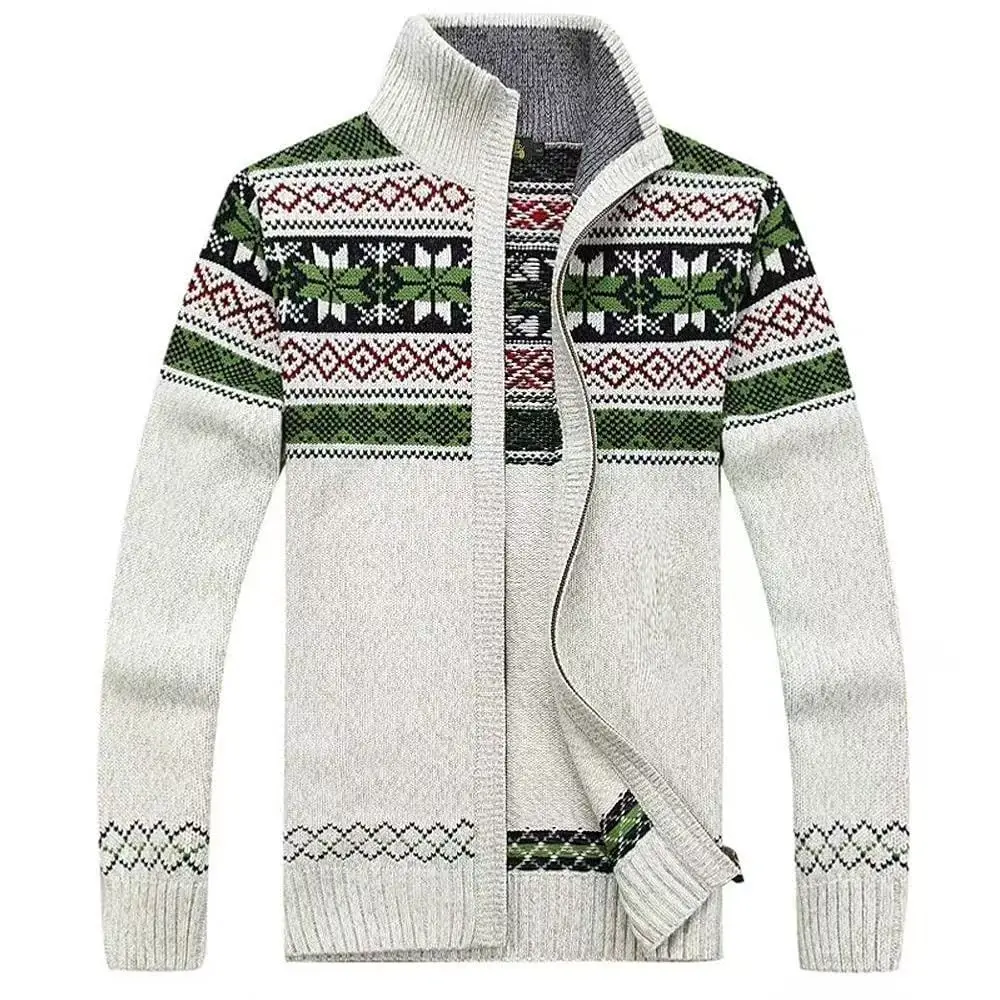 Herren-Strickjacke mit langen Ärmeln und Reißverschluss, gemustert, nordischer Stil, bunter Pullovermantel, ideal für kalte Wintertage, Freizeitkleidung – Detail 2