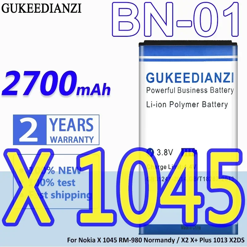 High Capacity GUKEEDIANZI Battery BN-01 2700mAh For Nokia X 1045 RM-980 Normandy/X2 X+ Plus 1013 X2DS Mobile Phone Batteries