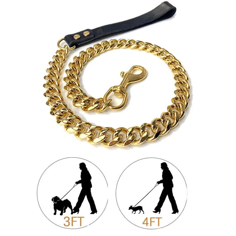 

Heavy Duty Metal Dog Chain with PU Leather Handle, Anti-Bite Stainless Steel Pet Lead Rope, Walking Usage, Small and Big Dogs