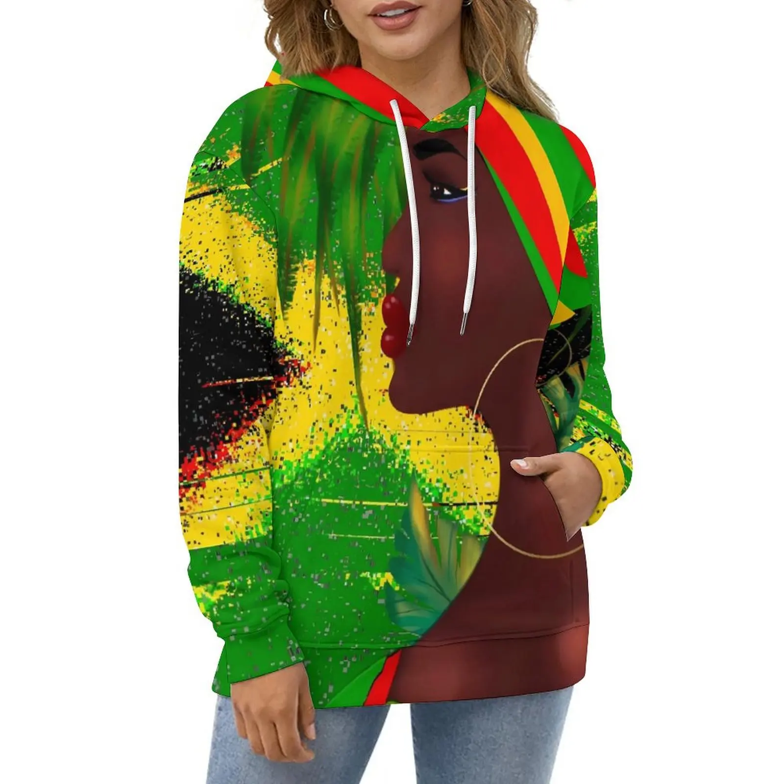 

Ladies Print Hoodies Jamaican Woman Art Classic Oversized Pullover Hoodie Woman Long-Sleeve Graphic Casual Hooded Sweatshirts