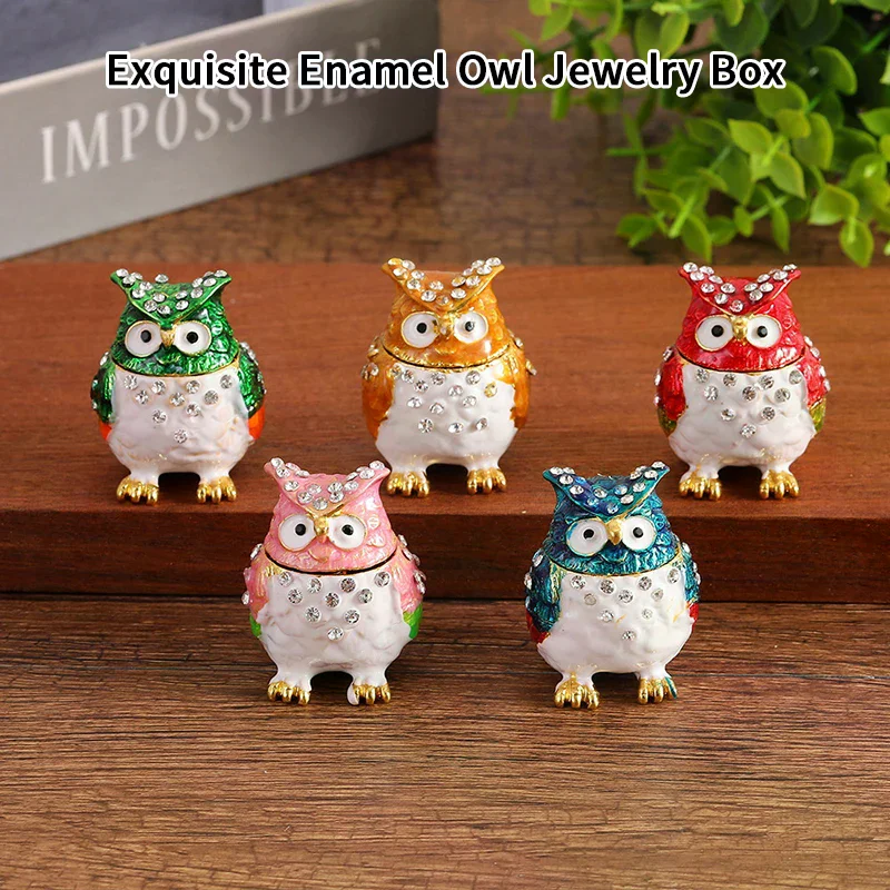 

1pc Colorful Rhinestone Owl Jewelry Box, Enamel Mini Box, Exquisite Desktop Ornament Storage Box For Jewelry Storage
