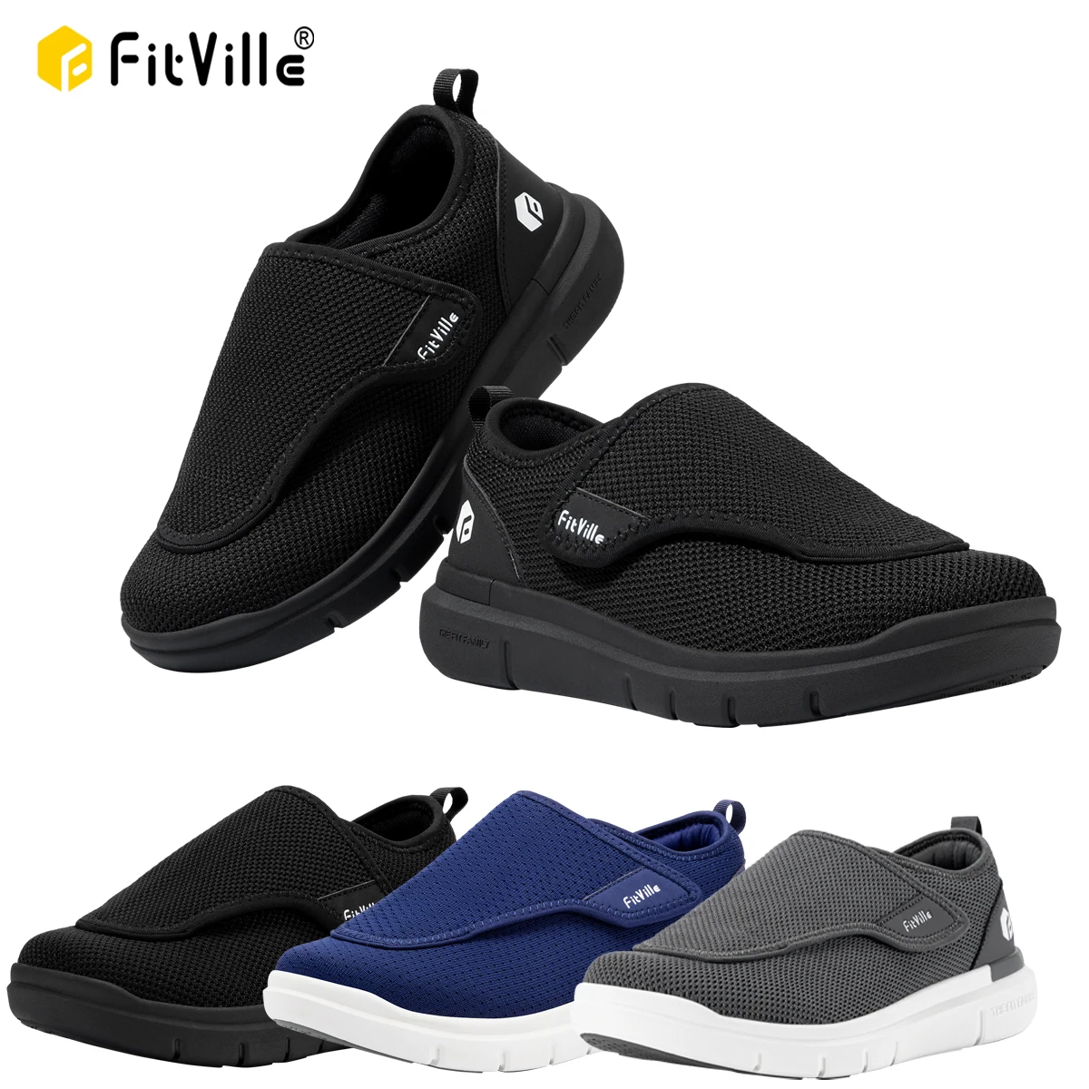 FitVille Extra Wide Men's Diabetic Shoes for Elder Orthopedics Feet Swollen Adjustable Walking Shoe Elderly Foot Pain Relief