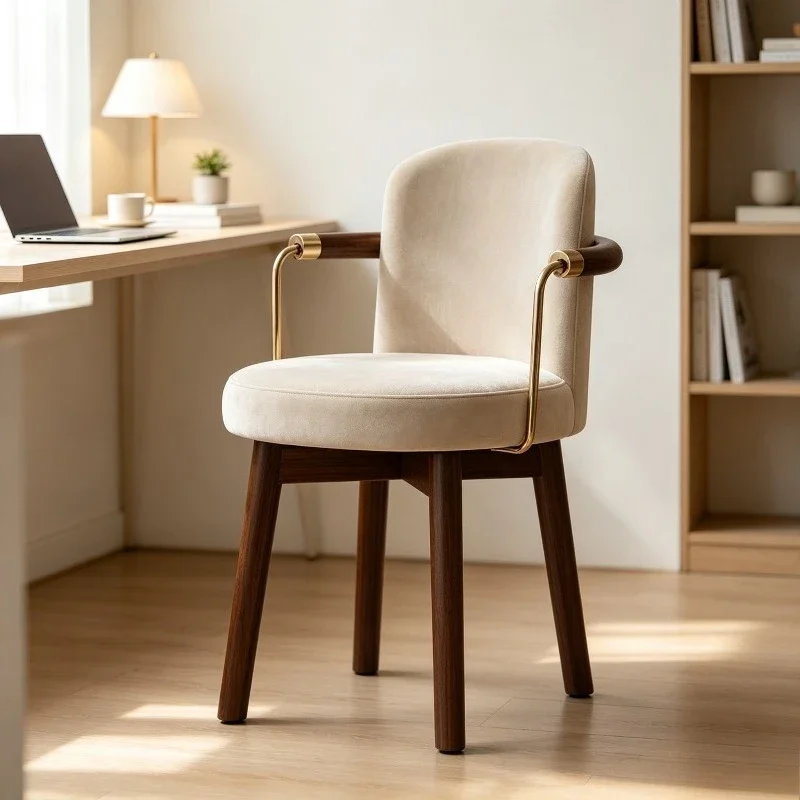 a Retro Cream Flannel Round Seat Desk Chair Curved Armrest Ergonomic Curved Back Makeup Study Leisure Accent Office Chair