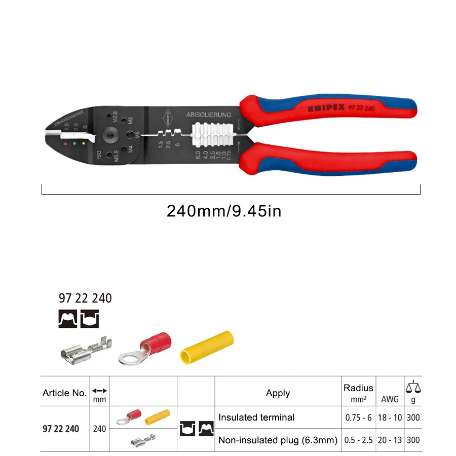 KNIPEX Crimping Pliers for Insulated Terminals 0,5-6mm² Wire Hand Crimp Tool 97 22 240