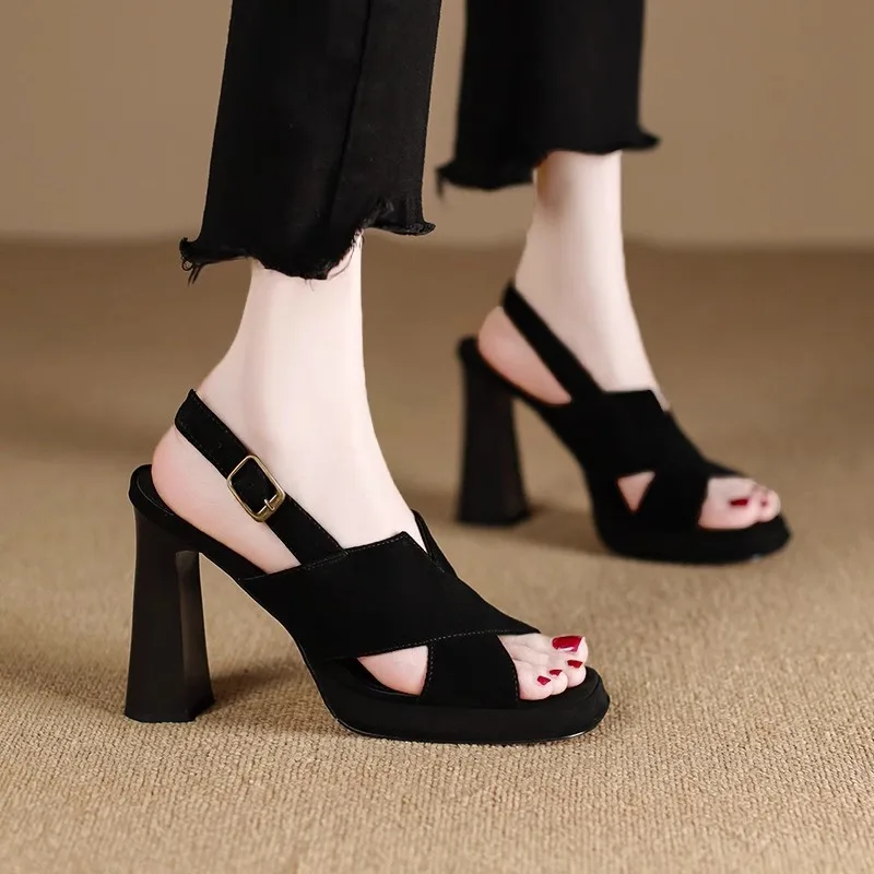 2024 Summer New One-button Sandals, Thick Open Toe Sexy Black Professional 9cm High Heels, Temperament Female Sandals