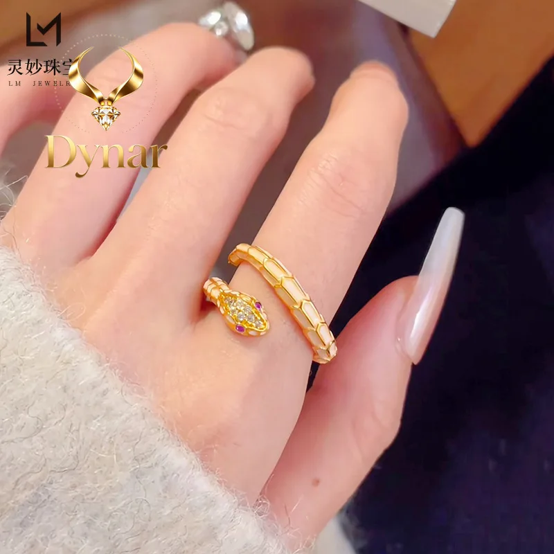 Dynar Jewelry   Ancient method 24K real gold enamel colored diamond white snake ring spiritual snake wrapped around ring 9999 ye