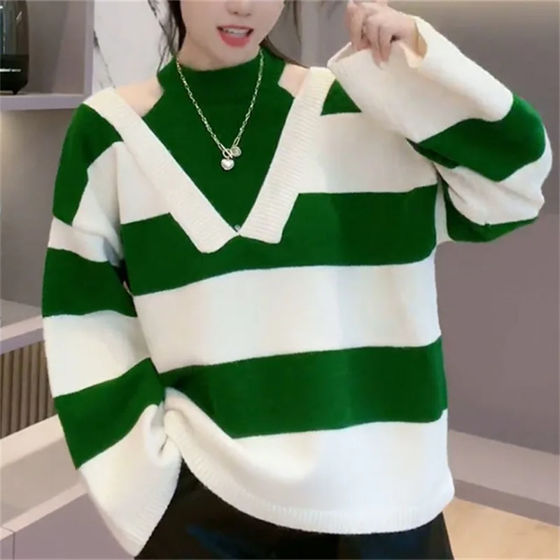 Women Knitted Sweater Soft Contrast Color Pullovers Basic Sweaters Casual Fashion Autumn Winter Women's Clothing Trend LX167