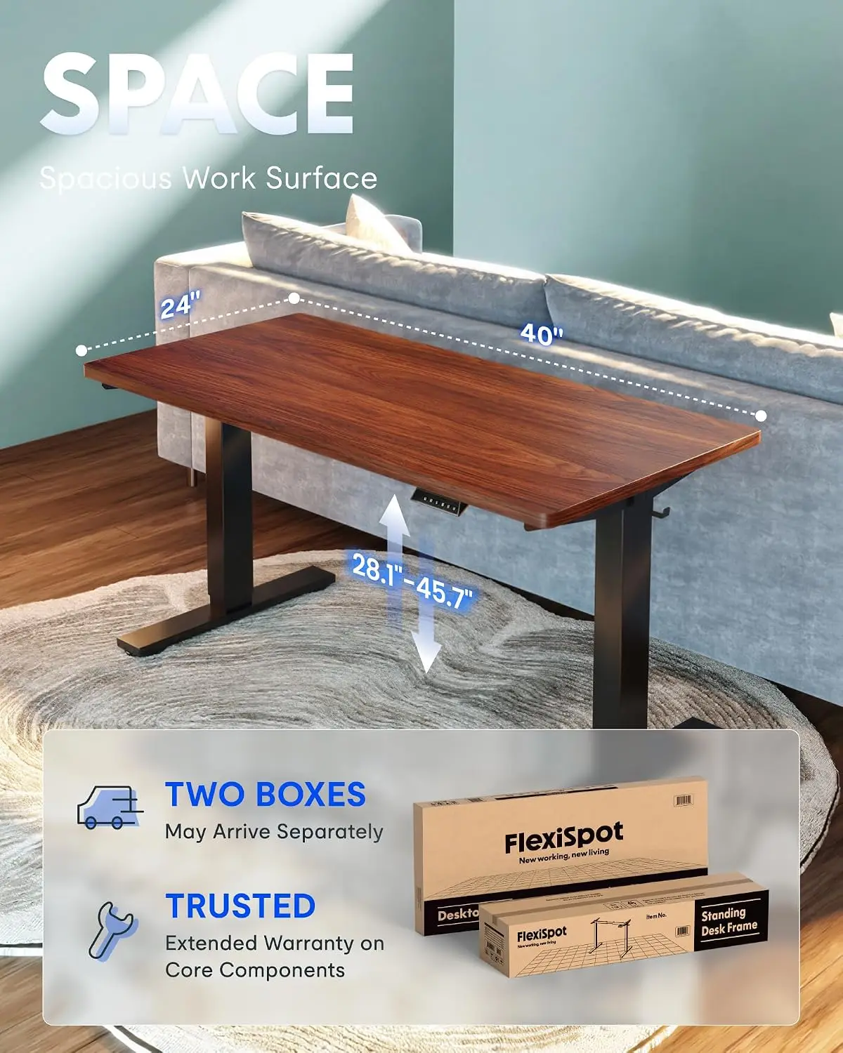 Electric Standing Desk 4 Memory Presets 176 LBS Stable Quiet Motor Home Office Dual Monitor 40