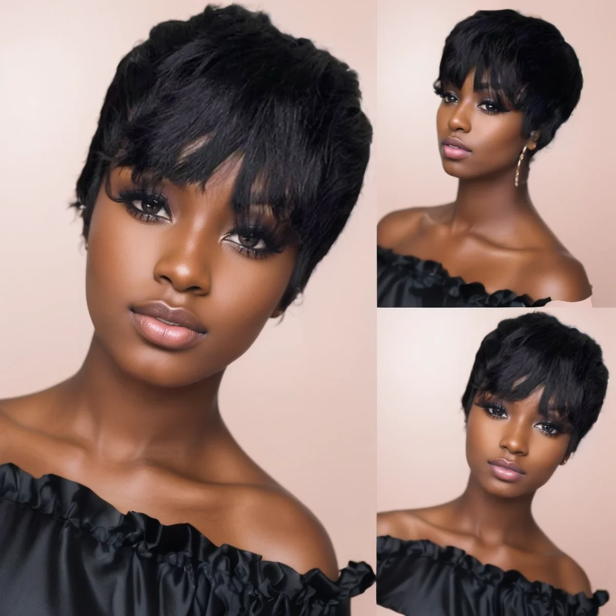 

WIGERA Synthetic Bob Short Pixie Cut Straight Hair With Bangs Wave Wigs Machine Made For Black Women