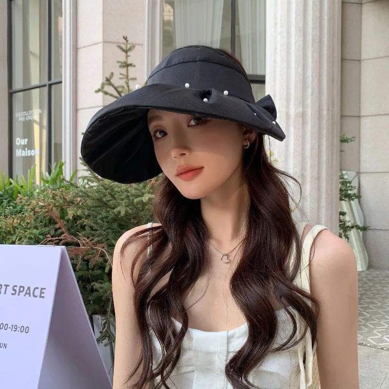 1pc Korean Sun Protection Pearl Bucket Hats for Women,outdoor Anti-UV Windproof Big Brim All-match Sun Hat for Summer Spring