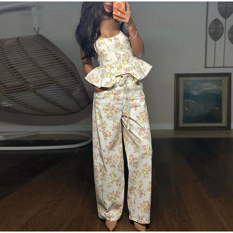 Blumendruck-Hosenset für Damen ​ Ärmelloses Crop-Top mit passender hochtaillierter Hose mit weitem Bein, 2-teiliges Set ​ Frühlingsoutfit für Damen – Detail 15