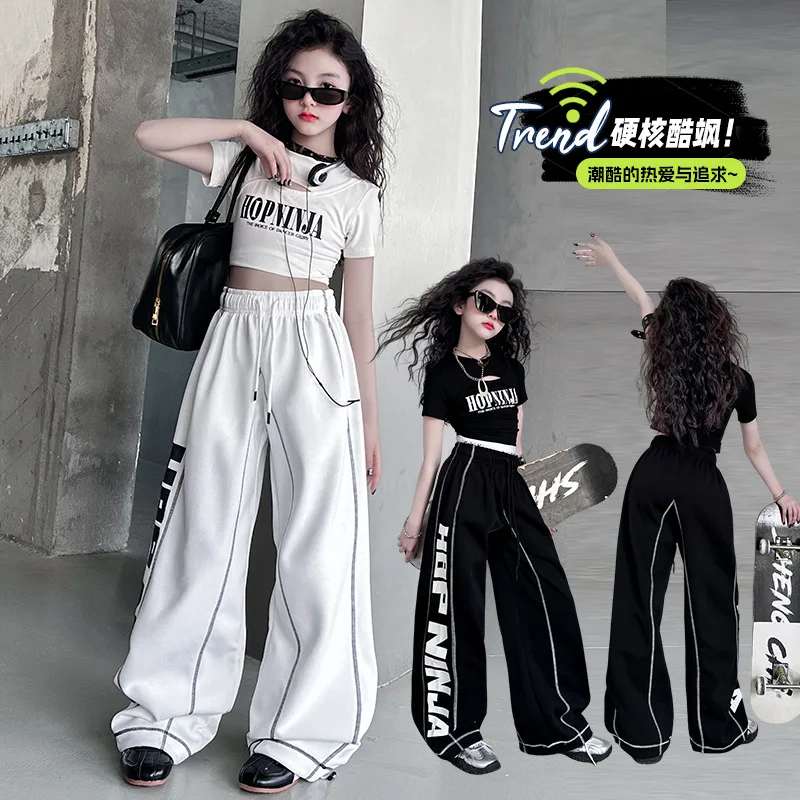 

4-14 teen Girl Hip hop Jazz street Dance sport clothes suit Short hollow T-shirt+Cargo pants 2pc junior kid outfits clothes set