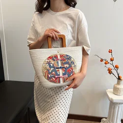 WBS 2024 Retro Chinese Stylish Hand-Woven Summer Beach Bag Seaside Vacation Large Capacity Tote Bag Folk Style Handbag for Women