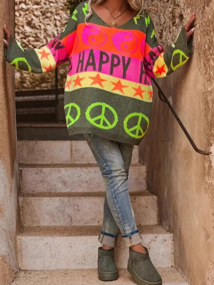 

Autumn Winter Casual Long Sleeve Jumpers Women Elegant V-neck Letter Jacquard Knitted Tops Fashion Contrasting Colors Sweaters
