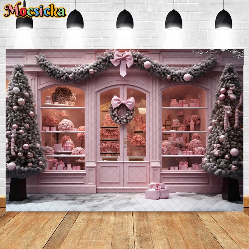 Décors de magasin de Noël rose, couronne d'arbre de Noël d'hiver, décor de vacances, fille, princesse, gâteau d'anniversaire, arrière-plans de photographie Smash