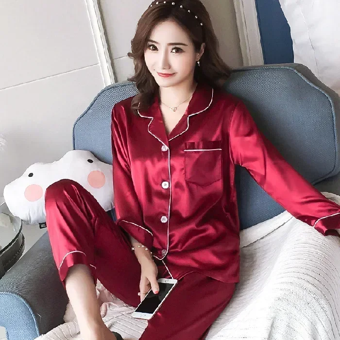 

Solid Pajama Set Long Sleeve Button Up Lapel Top & Pants Pj Set Women's Sleepwear & Loungewear