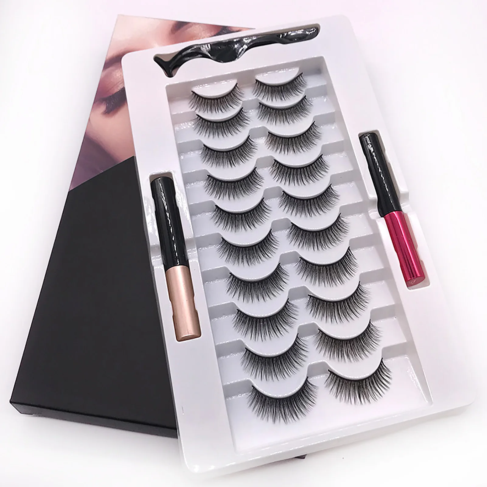 10 Pairs Magnetism Eyelashes Kit Handmade Lightweight Reusable Magnetic Lashes with Eyeliner Applicator Synthetic Fiber